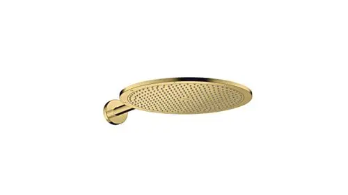 Kopfbrause in polierter Gold-Optik, montiert an einem Wandarm, zeigt ein perforiertes Design. Produkt von AXOR, geeignet für moderne Badezimmergestaltung.